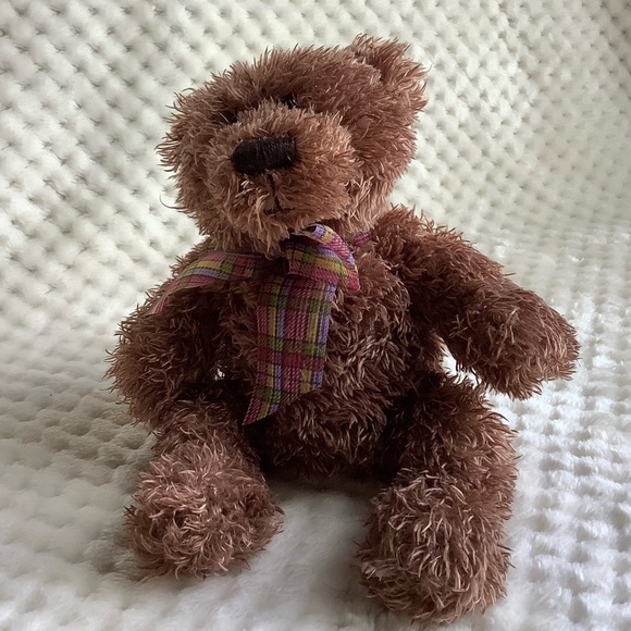 Cute Brown Plush Bear with Plaid Pink Purple Yellow Bow Stuffed Animal Toy - Picture 2 of 10